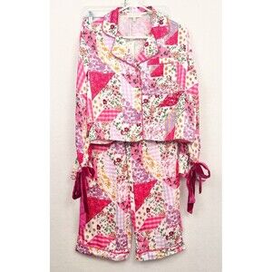 Simply Southern Pink Patchwork Pajama Set Velvet Bow Tie NWT Women’s M